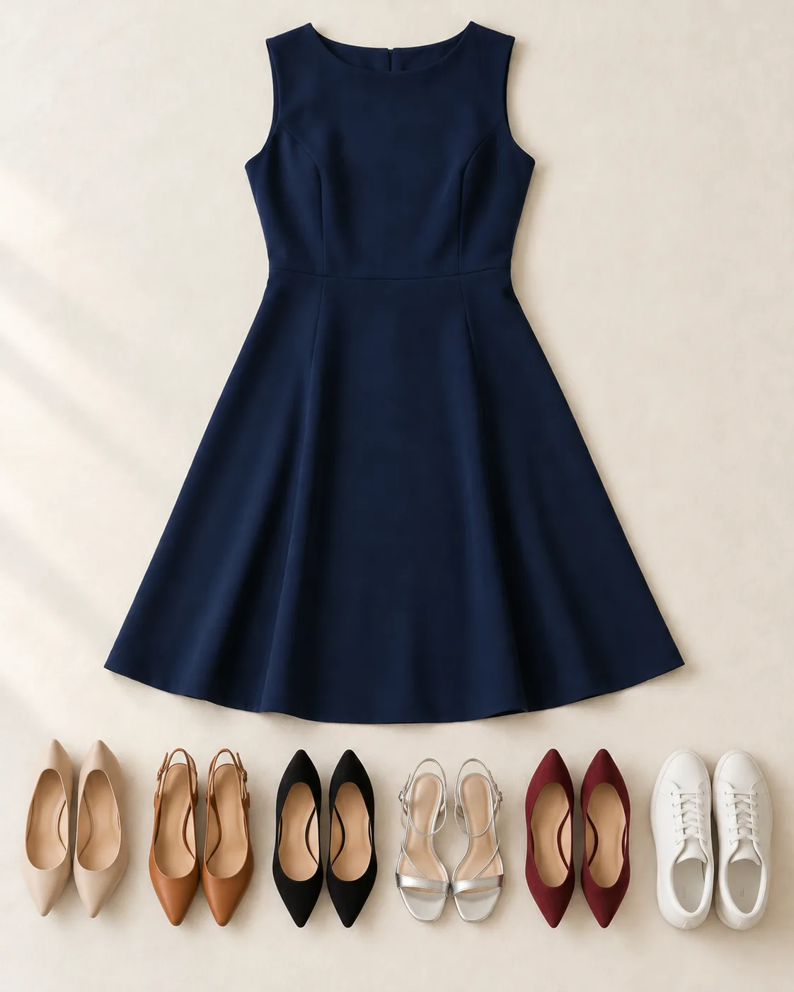 Illustration: a navy dress laid flat above shoes in nude, cognac, black, silver, burgundy, and white.