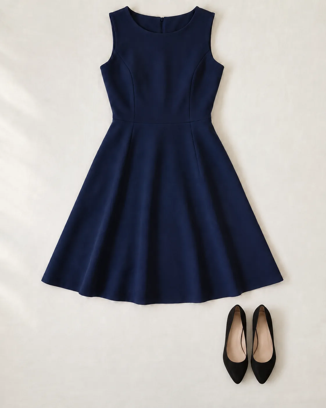 Illustration: a navy dress laid flat with black pumps.