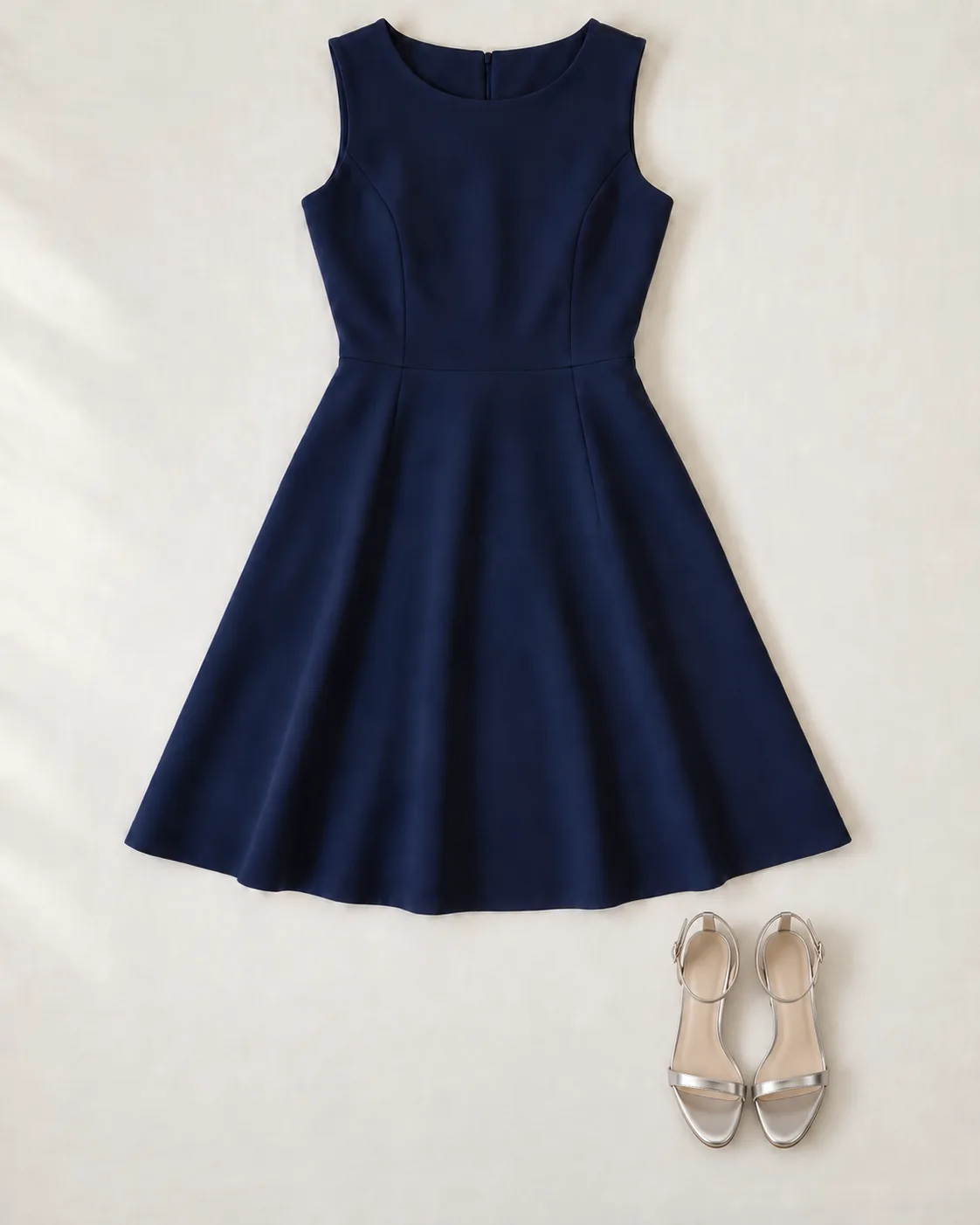 Illustration: a navy dress laid flat with silver strappy sandals.