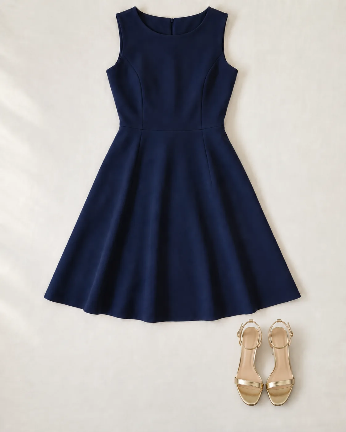 Illustration: a navy dress laid flat with gold strappy sandals.