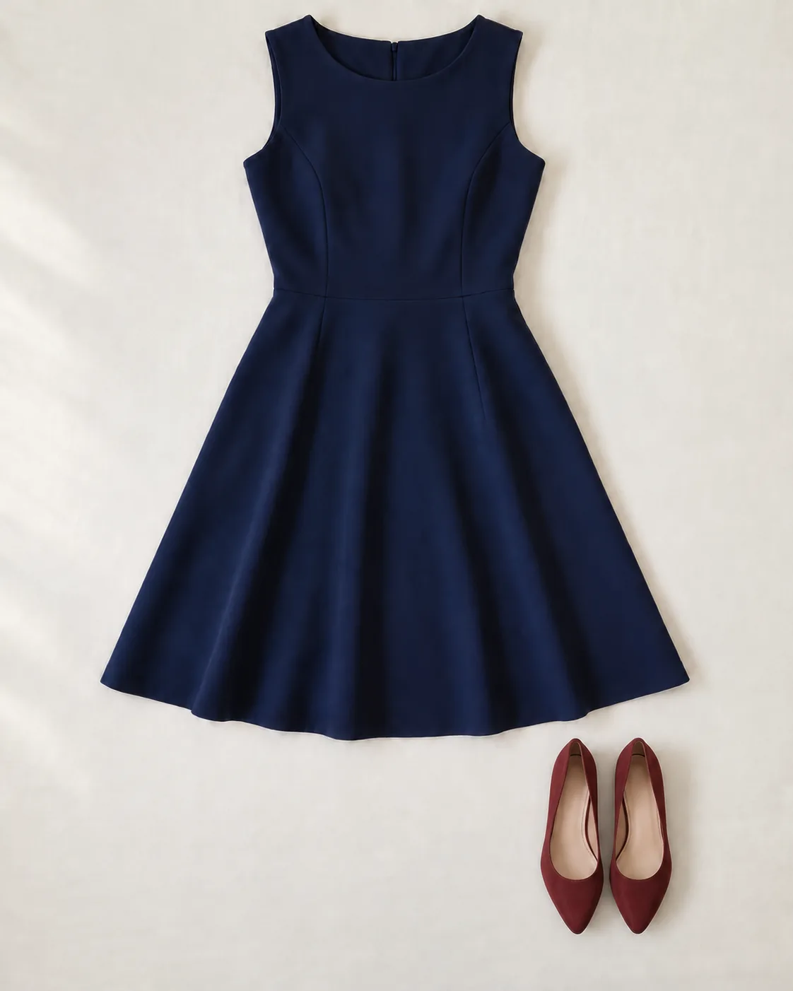 Illustration: a navy dress laid flat with burgundy pumps.
