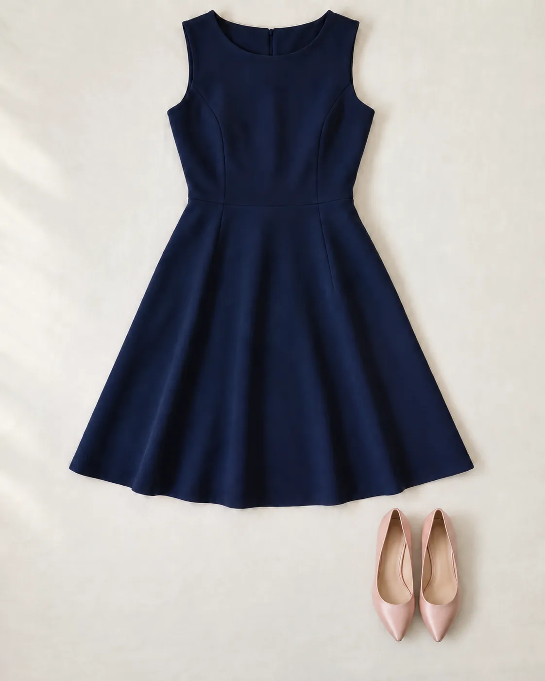Illustration: a navy dress laid flat with blush pink pumps.